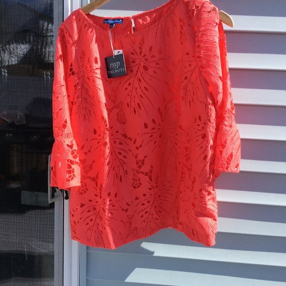 Talbots leaf lace overlay flounce sleeve top - Picture 4 of 7